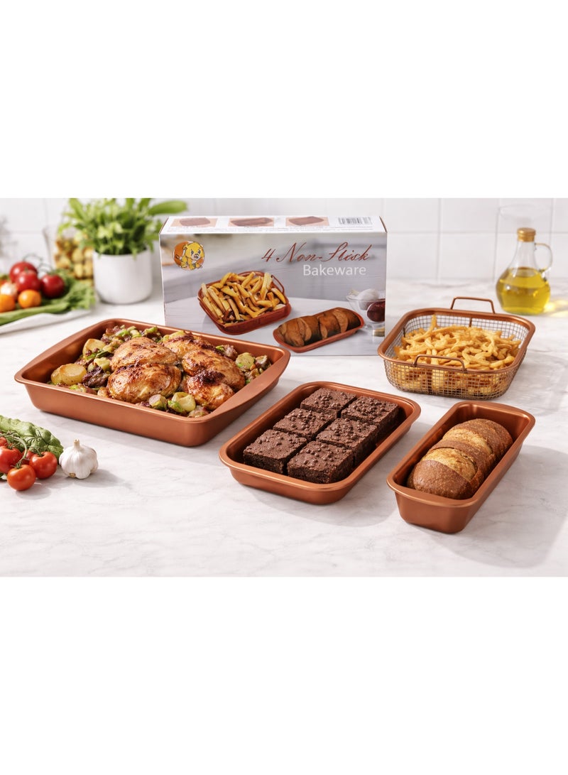 DubaiGallery 4PCS Multi-Function Nonstick Baking Pans Set with Copper Coated Interior, Includes Deep Oven Tray, Square Mold, Loaf Pan and Steel Fry Basket, Strong and Warp Resistant - Image 1